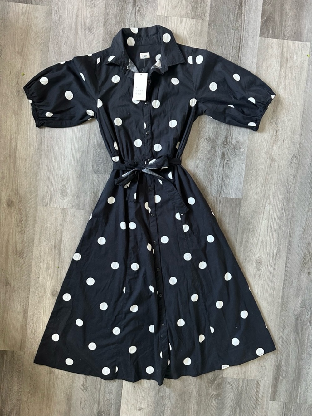 NWT A New Day Polka Dot Puff Sleeve Button-Up Cotton Midi Dress